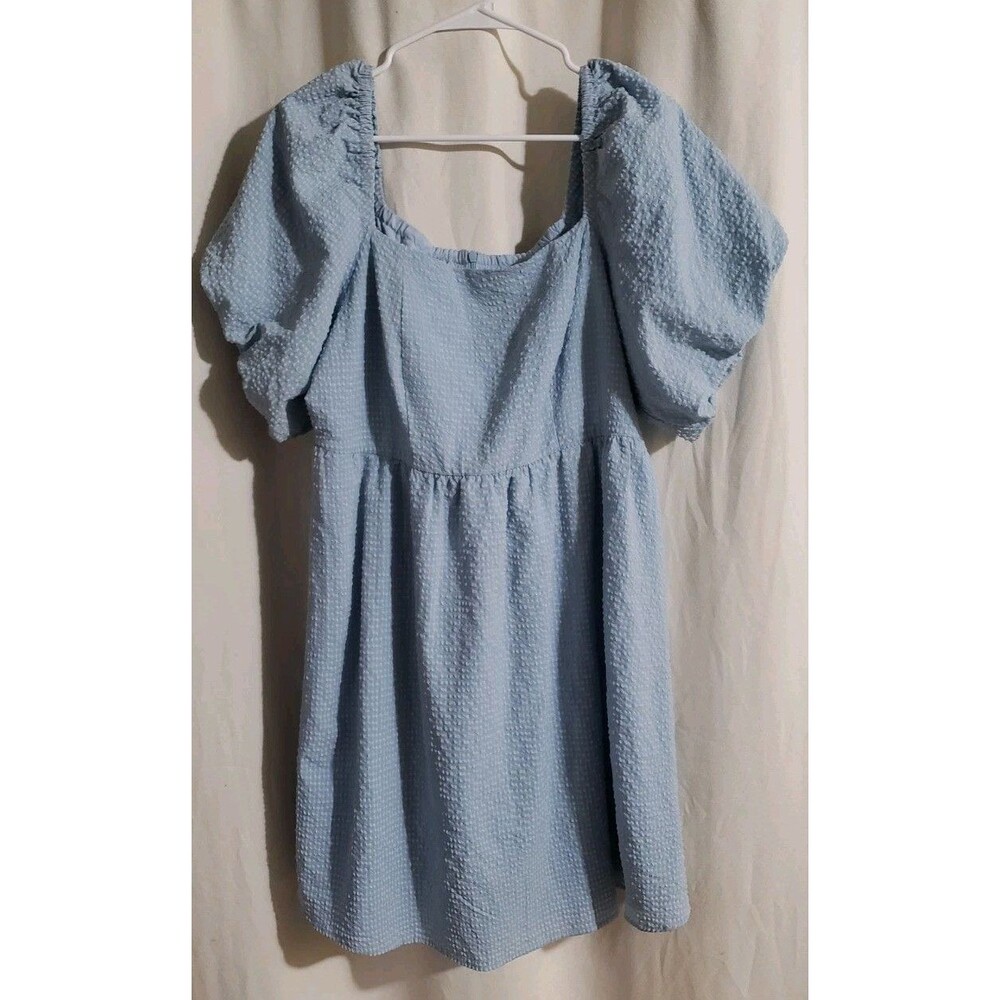 And Now This Dress 1X Light Blue Textured Puff Sleeve Babydoll Mini Plus Size